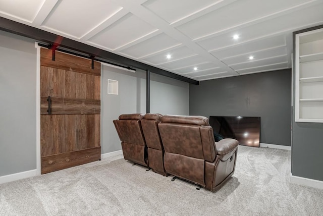 569 Driftwood Rd, New Brighton, MN 55112 - carpeted home theater featuring baseboards, recessed lighting, and a barn door