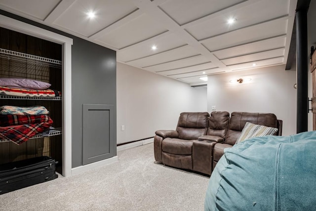 569 Driftwood Rd, New Brighton, MN 55112 - living area featuring carpet flooring, recessed lighting, baseboards, and coffered ceiling