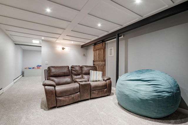 569 Driftwood Rd, New Brighton, MN 55112 - carpeted cinema room featuring a barn door, baseboard heating, recessed lighting, and baseboards