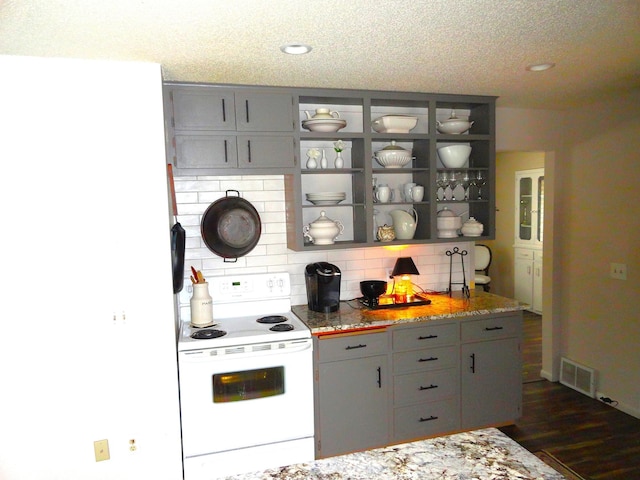 9540 24th Ave N, Plymouth, MN 55441 - kitchen with white electric range, open shelves, gray cabinets, tasteful backsplash, and recessed lighting