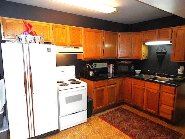 9540 24th Ave N, Plymouth, MN 55441 - kitchen with white appliances, ventilation hood, a sink, and dark countertops