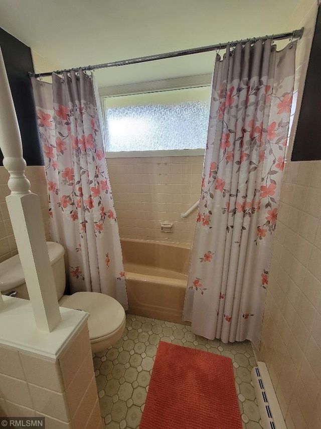 109 Jackson St W, Eagle Bend, MN 56446 - bathroom with toilet, shower / bathtub combination with curtain, a baseboard heating unit, and tile patterned floors
