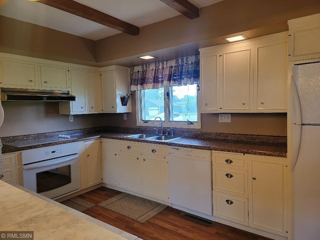 109 Jackson St W, Eagle Bend, MN 56446 - kitchen featuring white appliances, under cabinet range hood, a sink, beam ceiling, and dark wood-type flooring