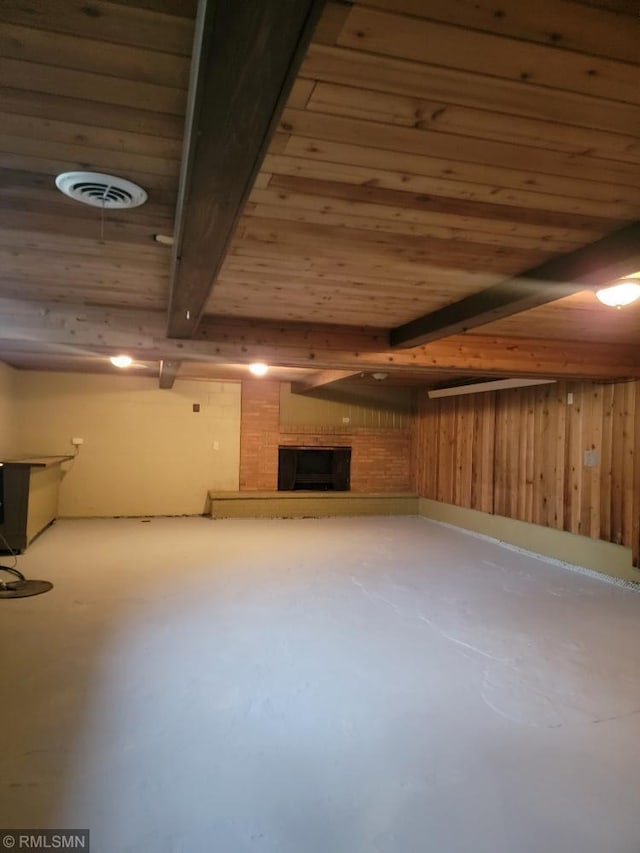 109 Jackson St W, Eagle Bend, MN 56446 - below grade area with wooden ceiling and a brick fireplace