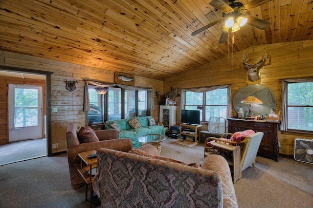 30901 Sunny Beach Rd, Grand Rapids, MN 55744 - carpeted living room with wood walls, lofted ceiling, ceiling fan, and wood ceiling