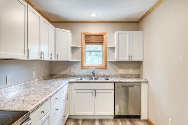 15989 Lost Oaks Dr SE, Cass Lake, MN 56633 - kitchen featuring dishwasher, a sink, open shelves, white cabinets, and light countertops