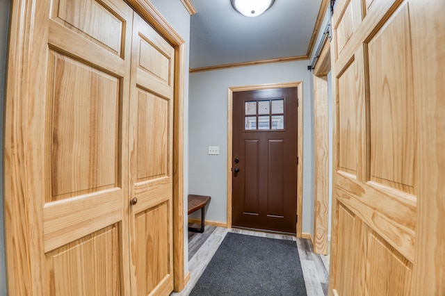 15989 Lost Oaks Dr SE, Cass Lake, MN 56633 - entryway featuring wood finished floors, ornamental molding, and baseboards