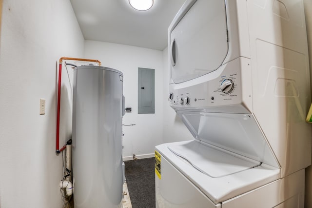 15989 Lost Oaks Dr SE, Cass Lake, MN 56633 - laundry area featuring electric panel, estacked washer and dryer, water heater, and baseboards