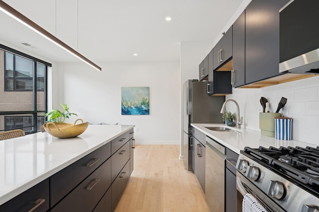 3104 Lake St Unit 412, Minneapolis, MN 55416 - kitchen featuring appliances with stainless steel finishes, a sink, backsplash, light countertops, and light wood-style flooring
