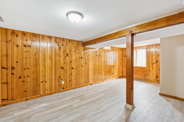 348 6th Ave S, Saint Cloud, MN 56301 - unfurnished room with wood finished floors, baseboards, wooden walls, and beam ceiling