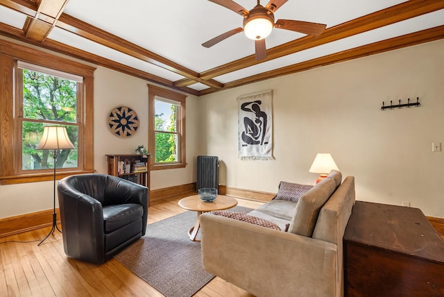 1112 25th St Unit 203, Minneapolis, MN 55405 - living room featuring coffered ceiling, plenty of natural light, wood-type flooring, baseboards, and a ceiling fan