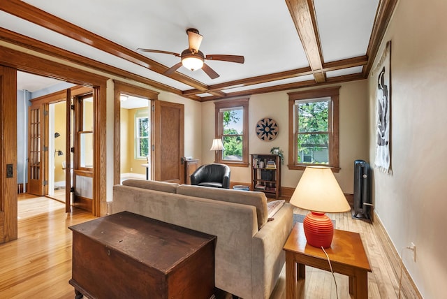 1112 25th St Unit 203, Minneapolis, MN 55405 - living room with plenty of natural light, light wood-style floors, a ceiling fan, beamed ceiling, and coffered ceiling
