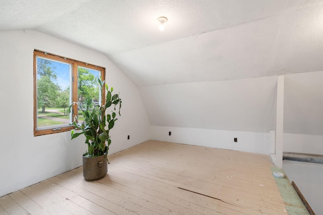 7627 Main St, Danbury, WI 54830 - additional living space with vaulted ceiling, a textured ceiling, and hardwood / wood-style flooring