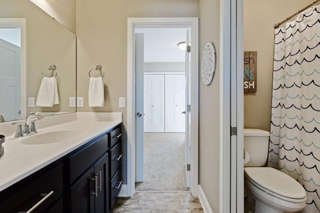 2908 Mark Twain Dr, Chaska, MN 55318 - bathroom with vanity, toilet, wood finished floors, and curtained shower