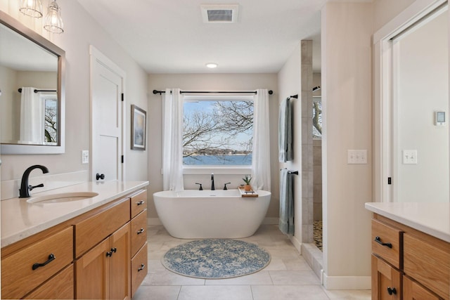 3100 Island View Dr, Mound, MN 55364 - bathroom with vanity, a stall shower, a freestanding tub, and tile patterned flooring