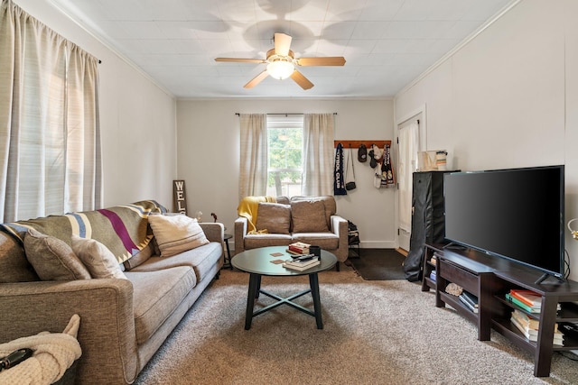 662 24th Ave NE, Minneapolis, MN 55418 - living area featuring crown molding, ceiling fan, and carpet