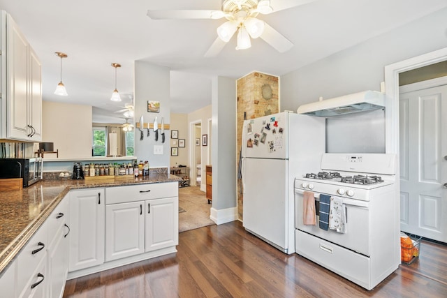 662 24th Ave NE, Minneapolis, MN 55418 - kitchen featuring white appliances, custom exhaust hood, a ceiling fan, a peninsula, and white cabinetry