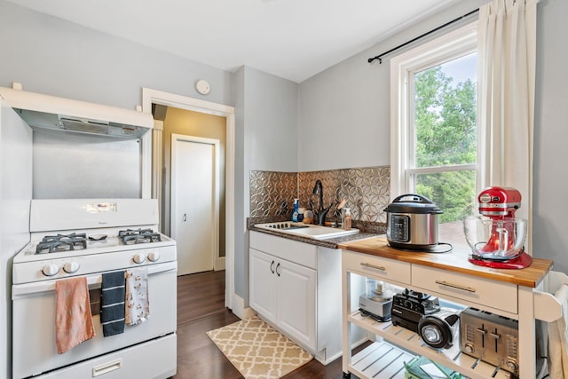 662 24th Ave NE, Minneapolis, MN 55418 - kitchen featuring white gas range oven, a sink, custom range hood, tasteful backsplash, and dark wood-style flooring