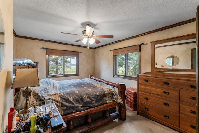 7567 Lent Trl, Lent Twp, MN 55079 - carpeted bedroom featuring crown molding, a textured ceiling, and a ceiling fan