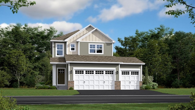 1549 143rd St E, Rosemount, MN 55068 - view of front facade with board and batten siding, a garage, a front lawn, and roof with shingles