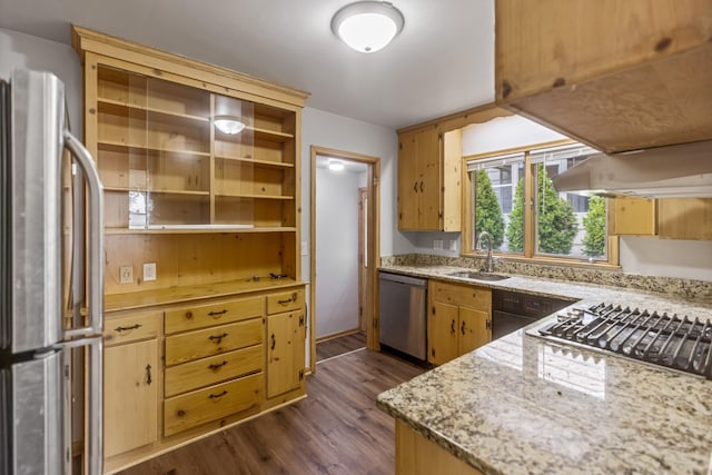 4922 Sheridan Ave S, Minneapolis, MN 55410 - kitchen with stainless steel appliances, a sink, dark wood-style flooring, open shelves, and light stone countertops