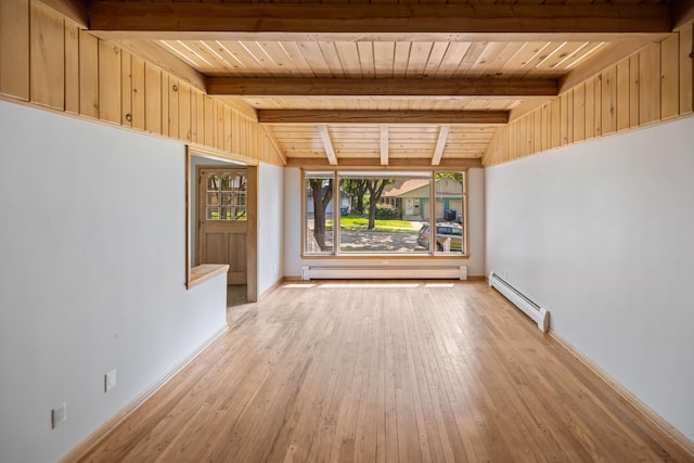 4922 Sheridan Ave S, Minneapolis, MN 55410 - unfurnished living room featuring a baseboard heating unit, baseboard heating, wooden ceiling, light wood finished floors, and baseboards