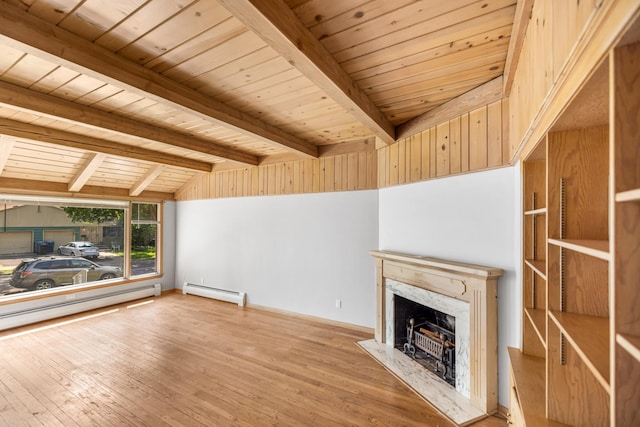 4922 Sheridan Ave S, Minneapolis, MN 55410 - unfurnished living room featuring a baseboard heating unit, a fireplace, hardwood / wood-style flooring, wood ceiling, and baseboards