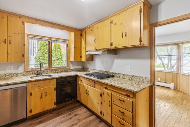 4922 Sheridan Ave S, Minneapolis, MN 55410 - kitchen featuring stainless steel appliances, a sink, baseboard heating, under cabinet range hood, and light wood-type flooring