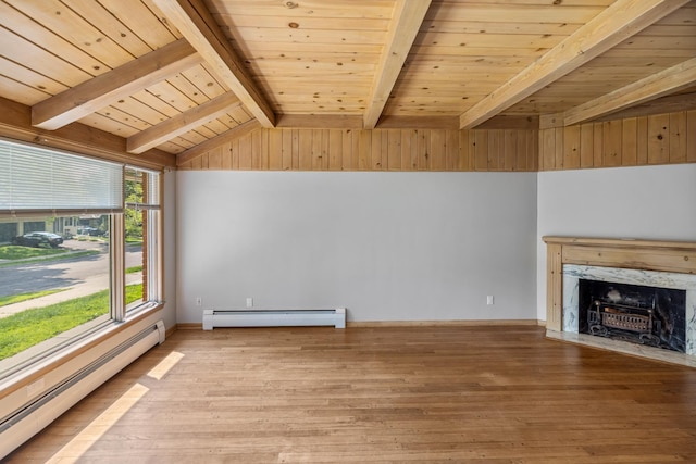 4922 Sheridan Ave S, Minneapolis, MN 55410 - unfurnished living room with a baseboard radiator, light wood-type flooring, a fireplace, wood ceiling, and baseboards