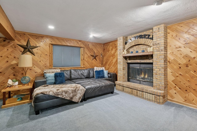 20561 Jade Cir, Lakeville, MN 55044 - living room with wooden walls, carpet flooring, a brick fireplace, and recessed lighting