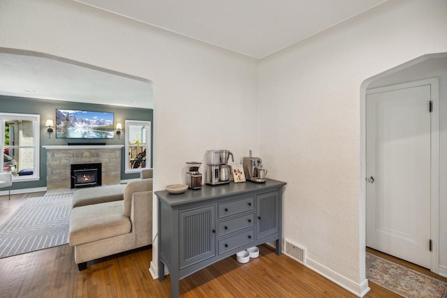 1372 Victoria St N, Saint Paul, MN 55117 - living area featuring wood finished floors, a stone fireplace, and baseboards