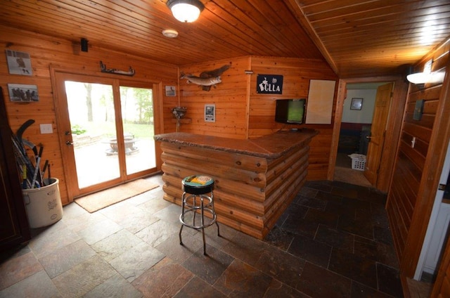 12207 285th St, Lindstrom, MN 55045 - bar area featuring stone tile flooring, wood walls, and wooden ceiling
