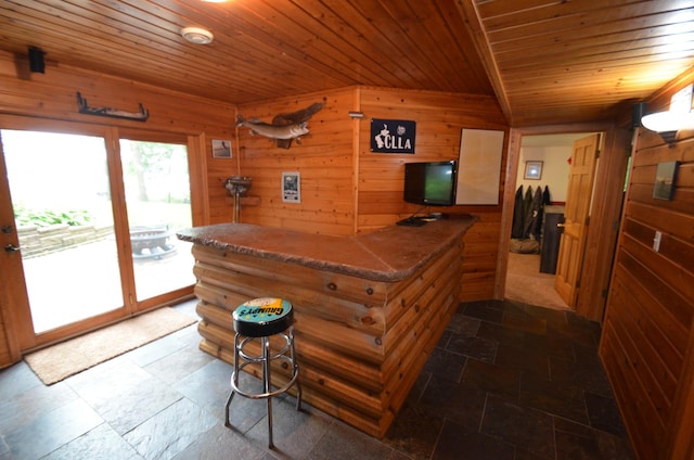 12207 285th St, Lindstrom, MN 55045 - bar area featuring stone tile floors, wood walls, and wood ceiling