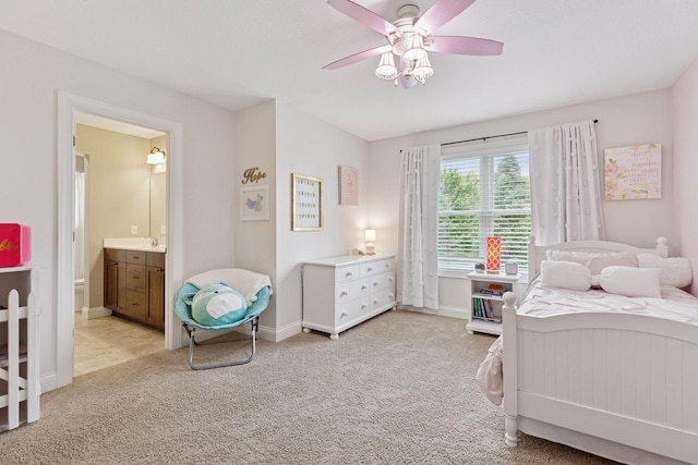 11668 Azure Ct, Inver Grove Heights, MN 55077 - bedroom featuring light carpet, connected bathroom, and a ceiling fan