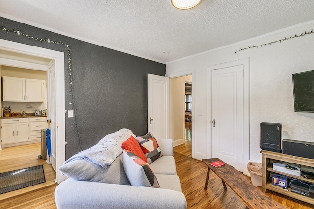 3807 Hubbard Ave N, Robbinsdale, MN 55422 - living area with a textured wall, a textured ceiling, light wood-style flooring, and crown molding