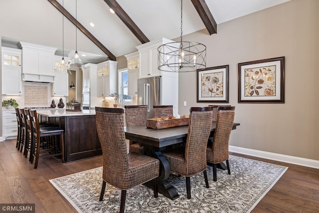 4110 Osprey Ct NE, Prior Lake, MN 55372 - dining room featuring a chandelier, beam ceiling, dark wood finished floors, baseboards, and high vaulted ceiling