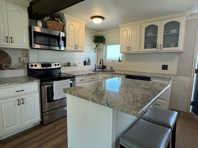8339 71st St, West Concord, MN 55985 - kitchen with appliances with stainless steel finishes, a sink, a kitchen breakfast bar, dark wood finished floors, and light stone countertops