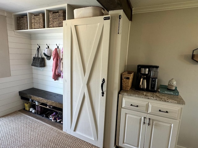 8339 71st St, West Concord, MN 55985 - mudroom featuring crown molding and wood walls