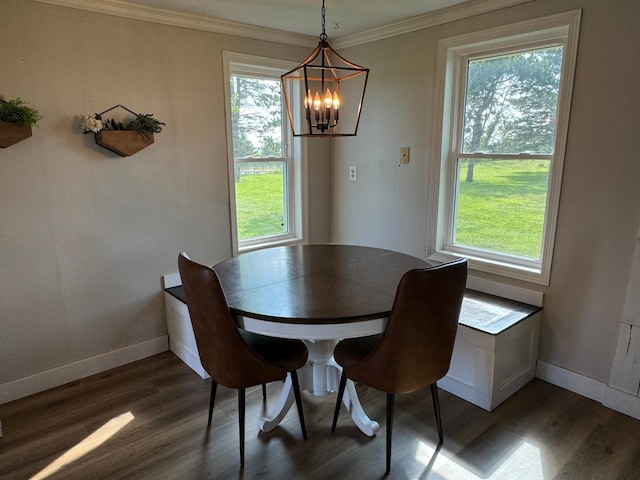 8339 71st St, West Concord, MN 55985 - dining area with dark wood-style floors, a chandelier, baseboards, and ornamental molding