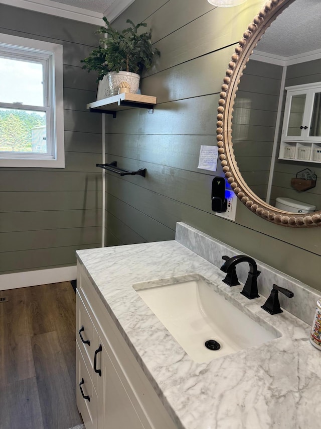 8339 71st St, West Concord, MN 55985 - bathroom with crown molding, vanity, wood finished floors, and wooden walls