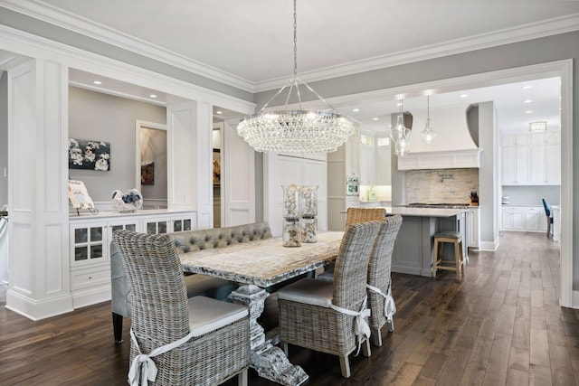 3758 Woodland Cove Pkwy, Minnetrista, MN 55331 - dining area with a chandelier, dark wood-style floors, ornamental molding, and recessed lighting