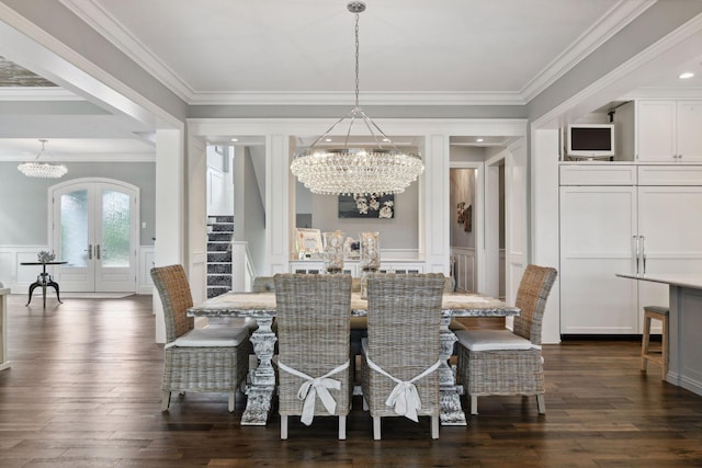 3758 Woodland Cove Pkwy, Minnetrista, MN 55331 - dining room with a chandelier, a decorative wall, crown molding, dark wood finished floors, and french doors