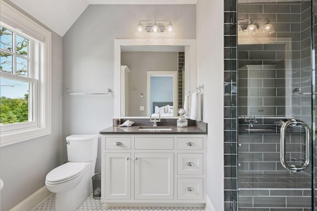 3758 Woodland Cove Pkwy, Minnetrista, MN 55331 - full bathroom featuring vanity, a stall shower, tile patterned flooring, and lofted ceiling