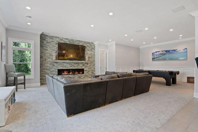 3758 Woodland Cove Pkwy, Minnetrista, MN 55331 - living area featuring a fireplace, recessed lighting, crown molding, billiards, and wainscoting