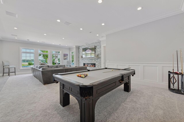 3758 Woodland Cove Pkwy, Minnetrista, MN 55331 - game room featuring light carpet, ornamental molding, recessed lighting, pool table, and a stone fireplace