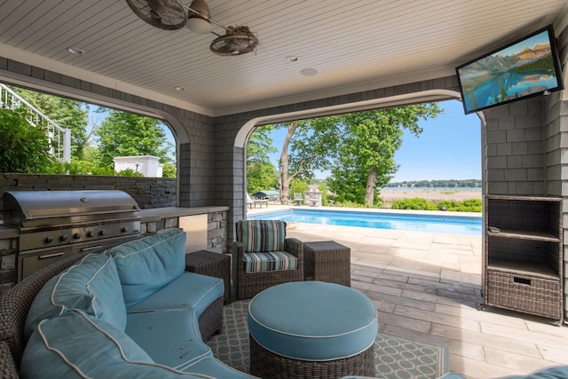 3758 Woodland Cove Pkwy, Minnetrista, MN 55331 - view of patio / terrace with an outdoor pool, area for grilling, and a ceiling fan