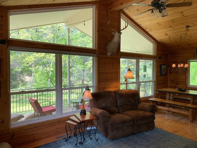 6543 Point Dr, Ideal Twp, MN 56474 - living room with hardwood / wood-style flooring, wooden ceiling, a ceiling fan, high vaulted ceiling, and wooden walls