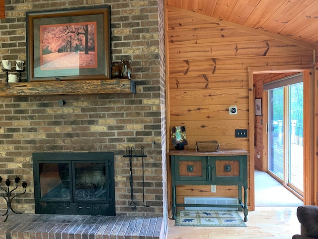 6543 Point Dr, Ideal Twp, MN 56474 - detailed view of a fireplace, wood ceiling, and wood walls