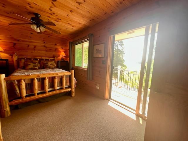 6543 Point Dr, Ideal Twp, MN 56474 - unfurnished bedroom featuring access to outside, wood ceiling, wood walls, and carpet flooring