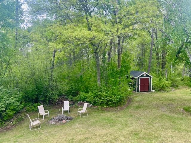 6543 Point Dr, Ideal Twp, MN 56474 - view of grassy yard featuring a forest view and a fire pit
